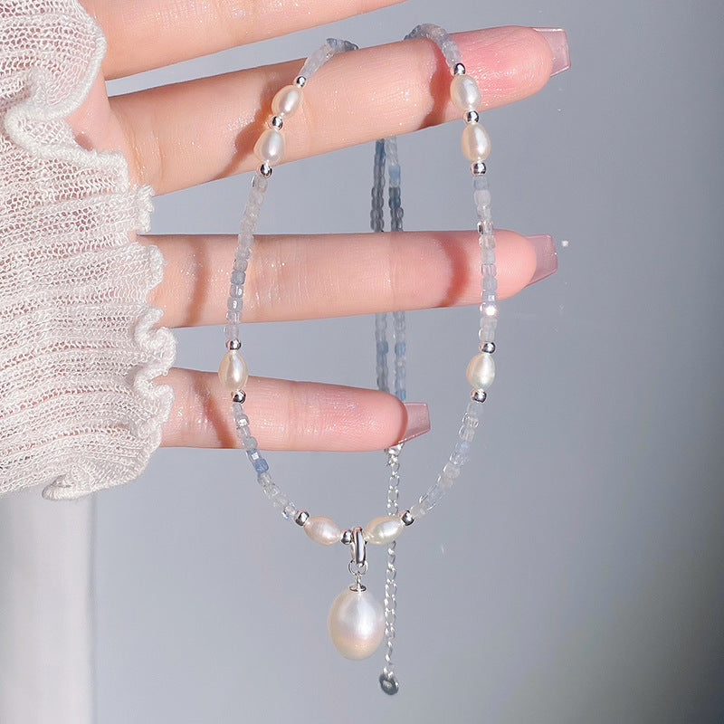 E廠【YC0249N】S925純銀珍珠藍珠項鍊簡約設計感小眾清新甜美風鎖骨鏈 24.10-4