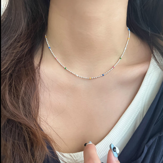 F廠【DQ1367N】韓版時尚彩色圓珠長牌項鍊女S925純銀簡約ins風抽拉式鎖骨鏈 25.07-4