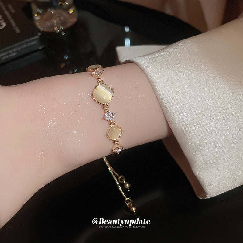 A廠【HB3144】全新品鑲鑽方形貓眼石拼接手鍊精緻時尚手環法式輕奢小眾氣質手飾女 24.09-4