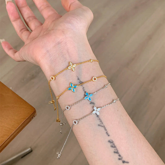 F廠【DQ1189S】S925純銀中古風四葉花手鍊女高級感氣質四葉草藍松石疊戴手飾
 25.08-5