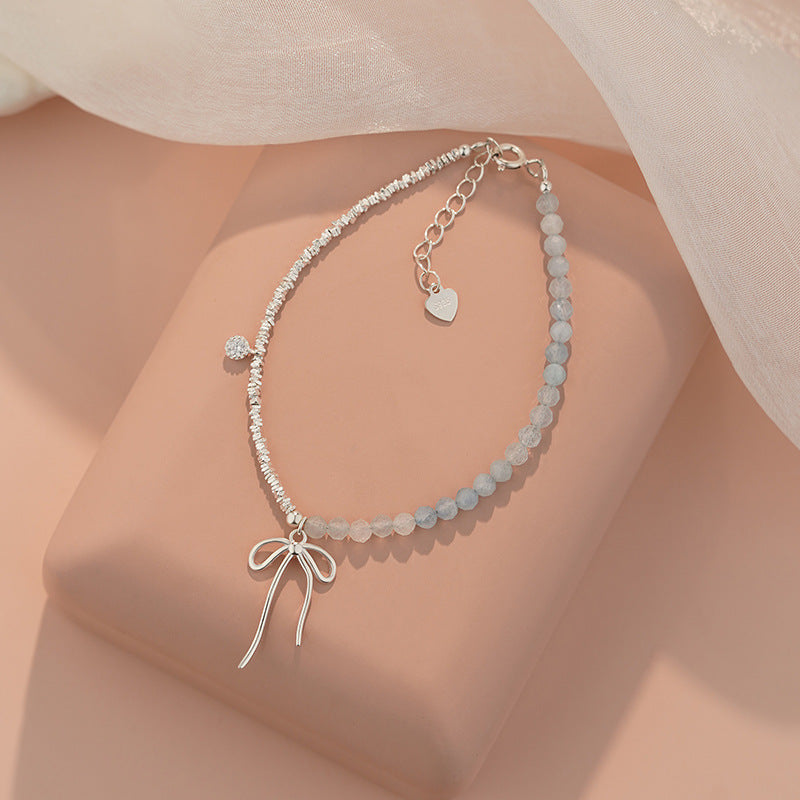 E廠【YC4071N】S925純銀蝴蝶結碎銀子海藍寶項鍊甜美清新套裝高級首飾 25.03-1
