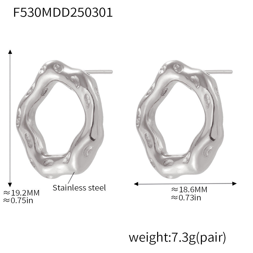 B廠【F530】小眾環形岩溶戒指耳環歐美時尚簡約首飾不鏽鋼18K真金套裝 25.03-1