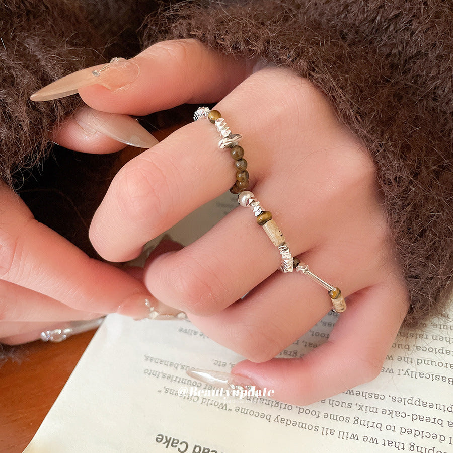 A廠【HR2789】復古碎銀黑膽石石頭串珠戒指民族風食指戒個性小眾設計感指環
 25.10-4