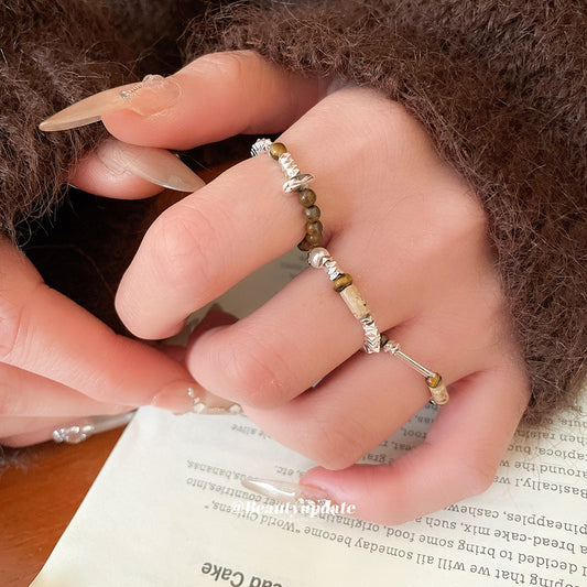 A廠【HR2789】復古碎銀黑膽石石頭串珠戒指民族風食指戒個性小眾設計感指環
 25.10-4