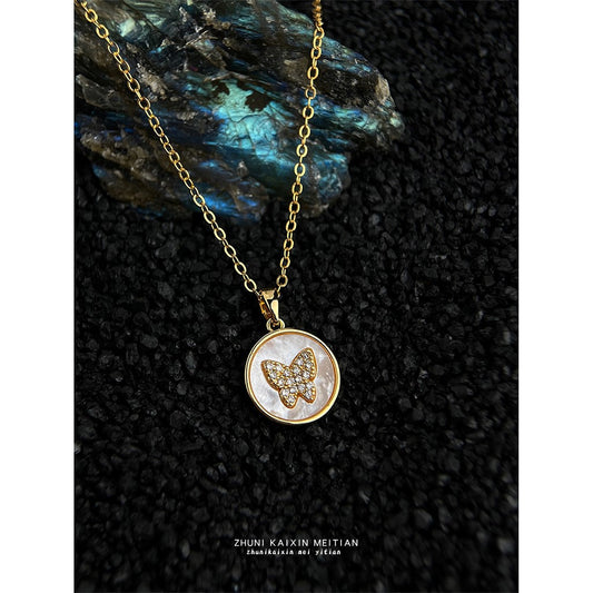 C廠【6638】貝殼厚鍍18K真金強保色微鑲鋯石蝴蝶鎖骨鏈時尚輕奢風高級感 項鍊
 25.08-5