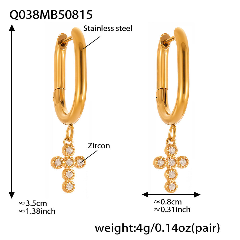 B廠【Q015】不鏽鋼超閃5A鋯石十字架耳環跨國簡約輕奢風耳環鍍18k真金 25.08-5