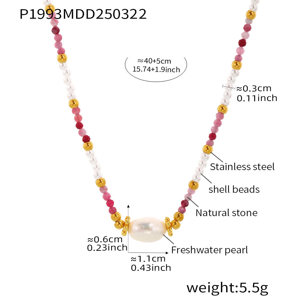 B廠【P1993】ins跨境施家貝珠切面天然石手工鏈串珠米珠項鍊不鏽鋼飾品 25.03-4