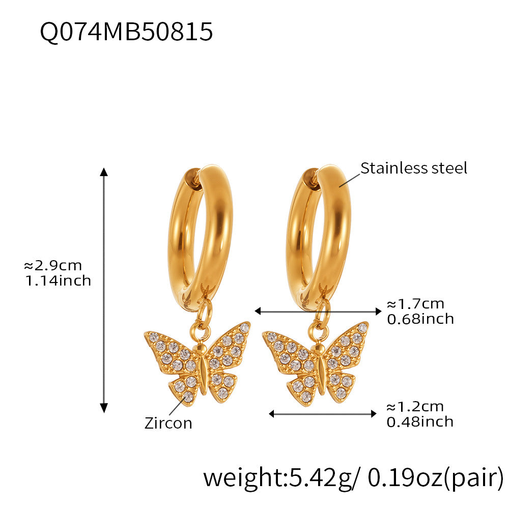B廠【Q062】歐美飾品不銹鋼蝴蝶吊墜帶鑽耳環鍍18k真金跨境熱銷耳飾女 25.08-5