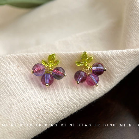 C廠【B-502】手工紫葡萄串耳環清新甜美春夏少女感度假風俏皮紫色水果耳飾銀針 25.04-4