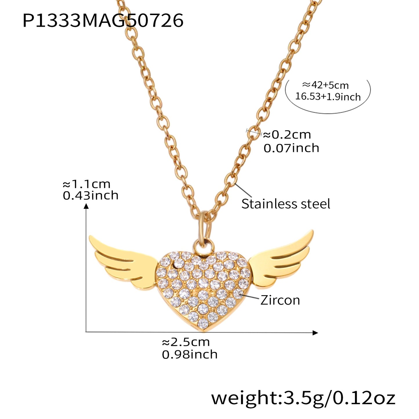 B廠【P1333】歐美飾品天使翅膀愛心鋯石雙層疊戴鎖骨項鍊不鏽鋼鍍18k金 25.08-1