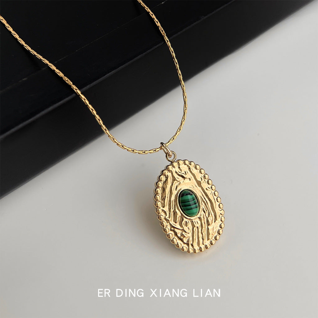 C廠【5659】復古合成孔雀石鍍18K真金高保色304不銹鋼項鍊鎖骨鍊頸鍊飾品 25.03-1