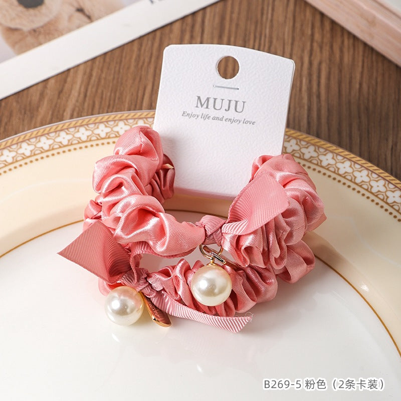 D廠【B269】2條卡裝髮繩韓版珍珠飄帶皮筋高級感褶皺小腸髮圈頭飾高馬尾頭繩 25.02-2「D廠-單筆結帳需滿,NT$600出貨(不含運費)」