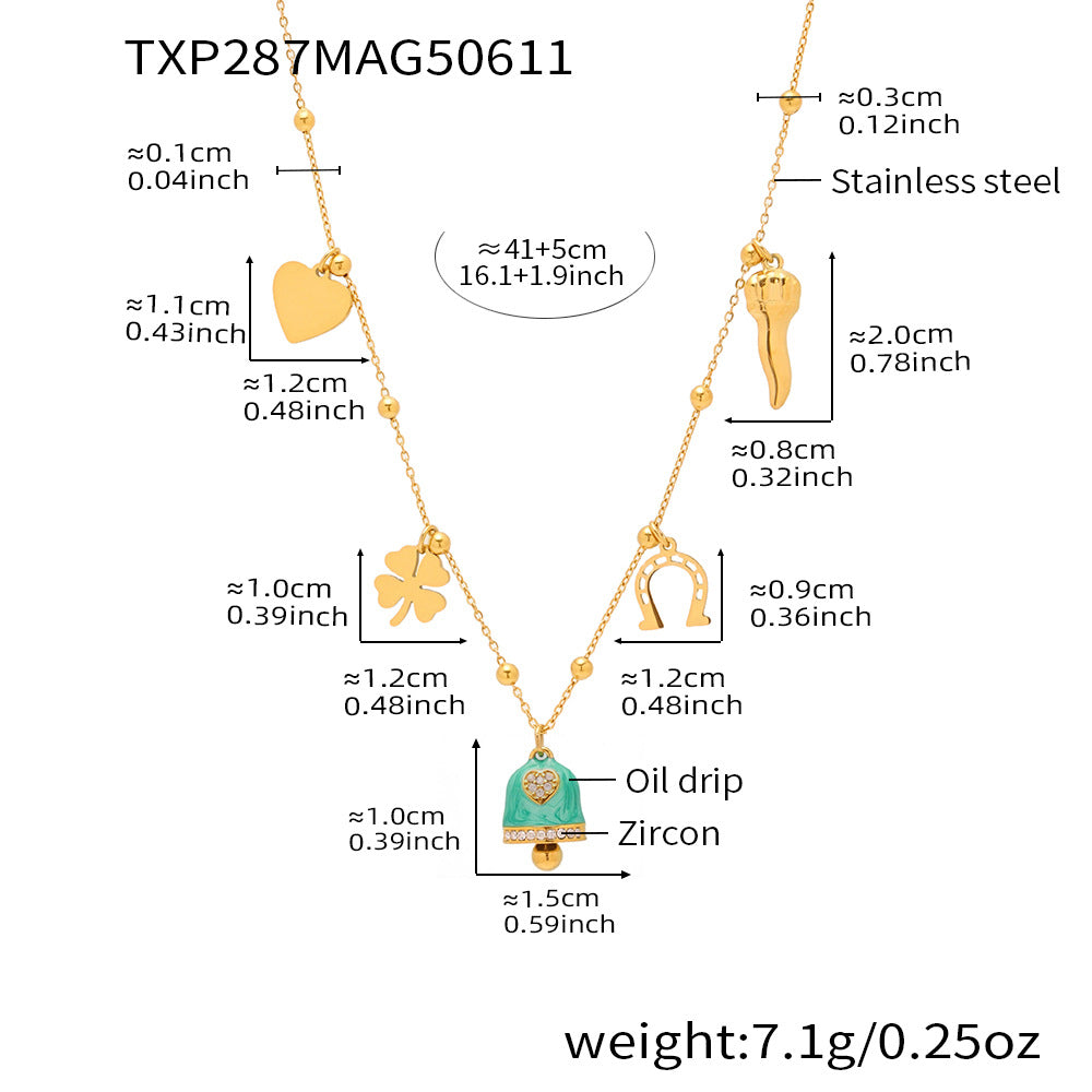 B廠【TXP287】法式浪漫彩釉小鈴鐺愛心幸運草多配件吊墜項鍊手鍊腳鍊套裝 25.06-4