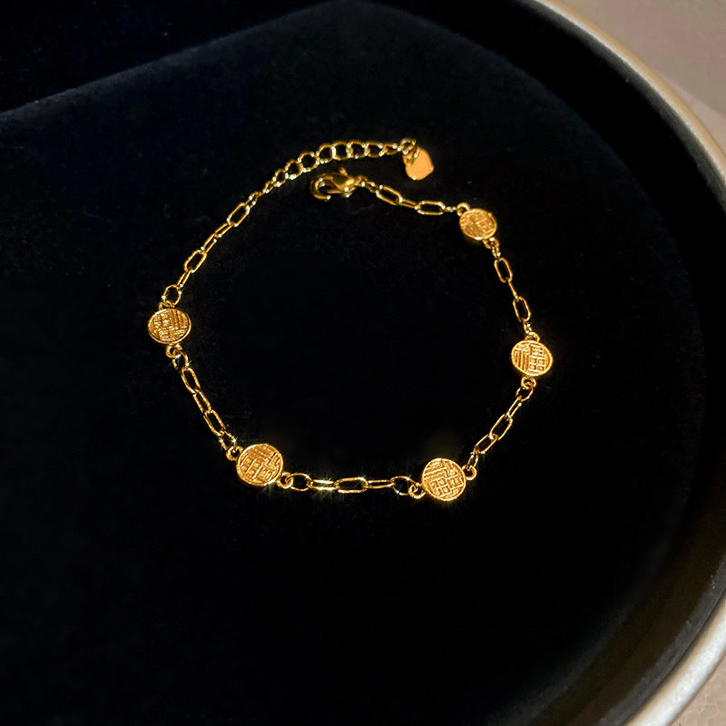 A廠【HB3537】24k真金電鍍沙金鋯石銅錢手鍊女新中式氣質手環輕奢高級感手飾女 25.03-1