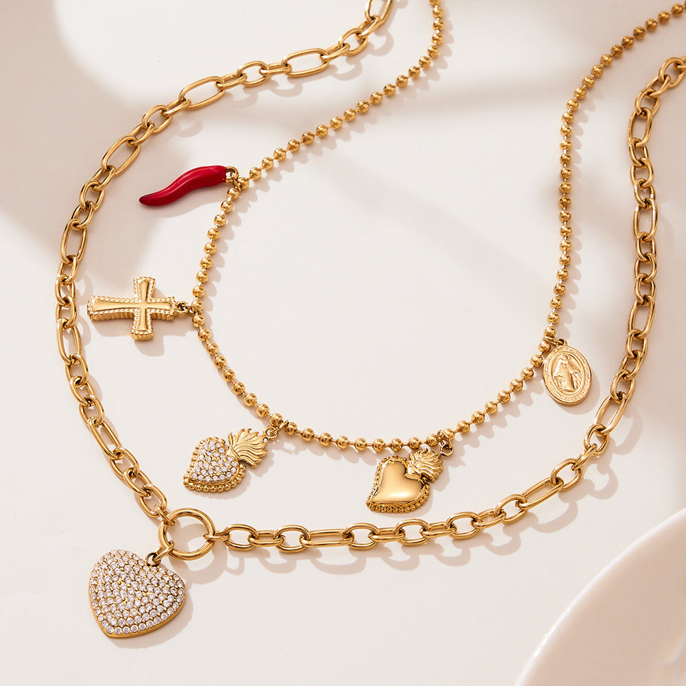 B廠【TXP450】5A鋯石皇冠愛心滿鑽開口戒指項鍊耳環組不銹鋼鍍18k真金
 25.10-4