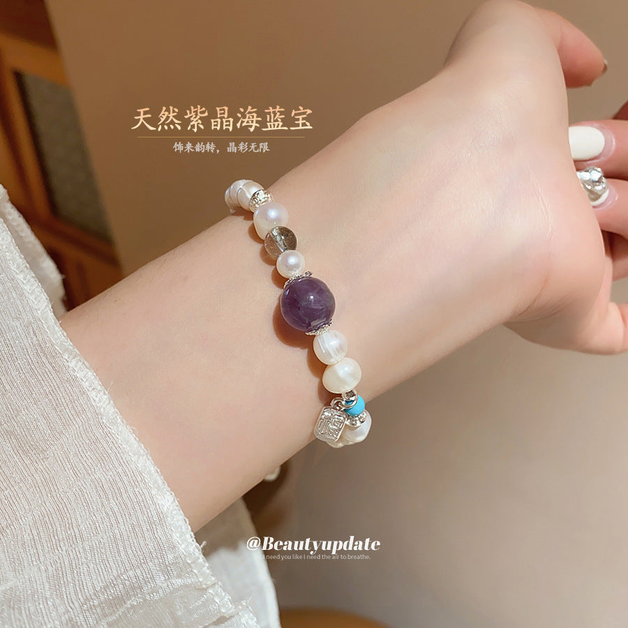 A廠【HB4321】紫晶淡水珍珠串珠福字吊墜手鍊宮廷風手串手環輕奢高級感手飾 25.08-2