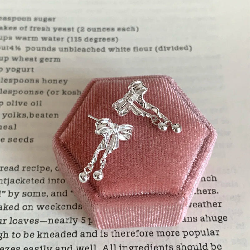 F廠【DQ10790E】999足銀韓系ins風蝴蝶結耳環女小清新甜美圓珠流蘇高級感耳飾 25.04-4