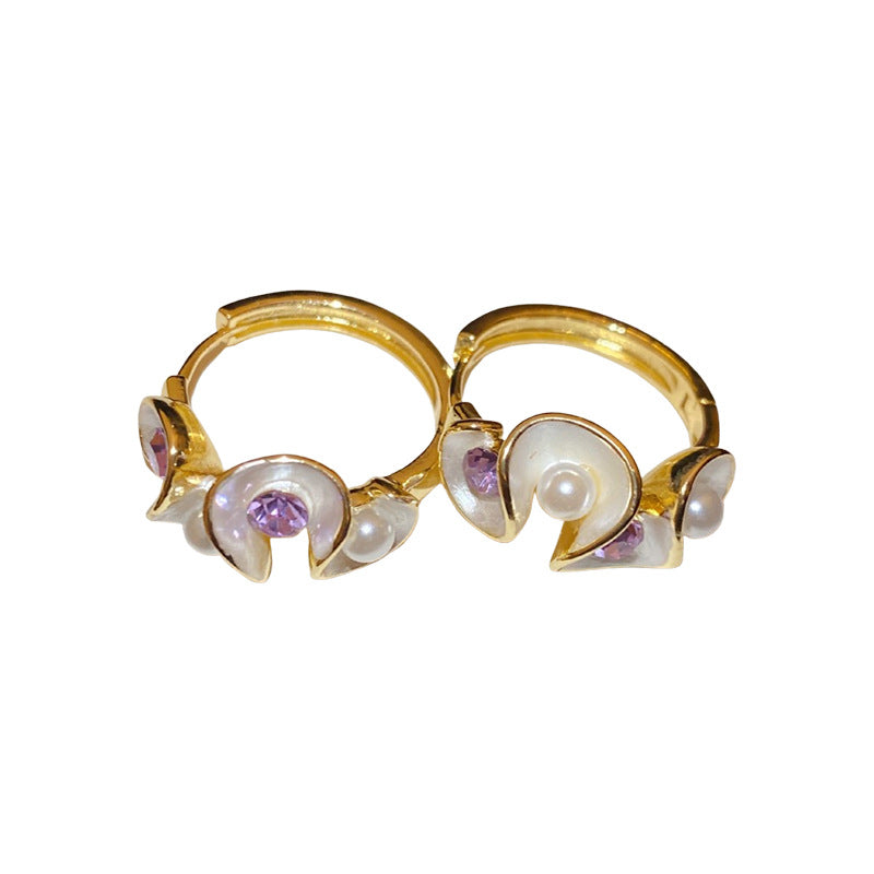 A廠【HE24927】14k真金電鍍鋯石彎曲花朵珍珠耳扣女小眾設計氣質耳環輕奢高級感 25.02-3