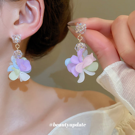 A廠【HE26286】925銀針鑲鑽彩色花朵編織耳環海邊度假風氣質耳環輕奢高級感耳飾小眾 25.05-1