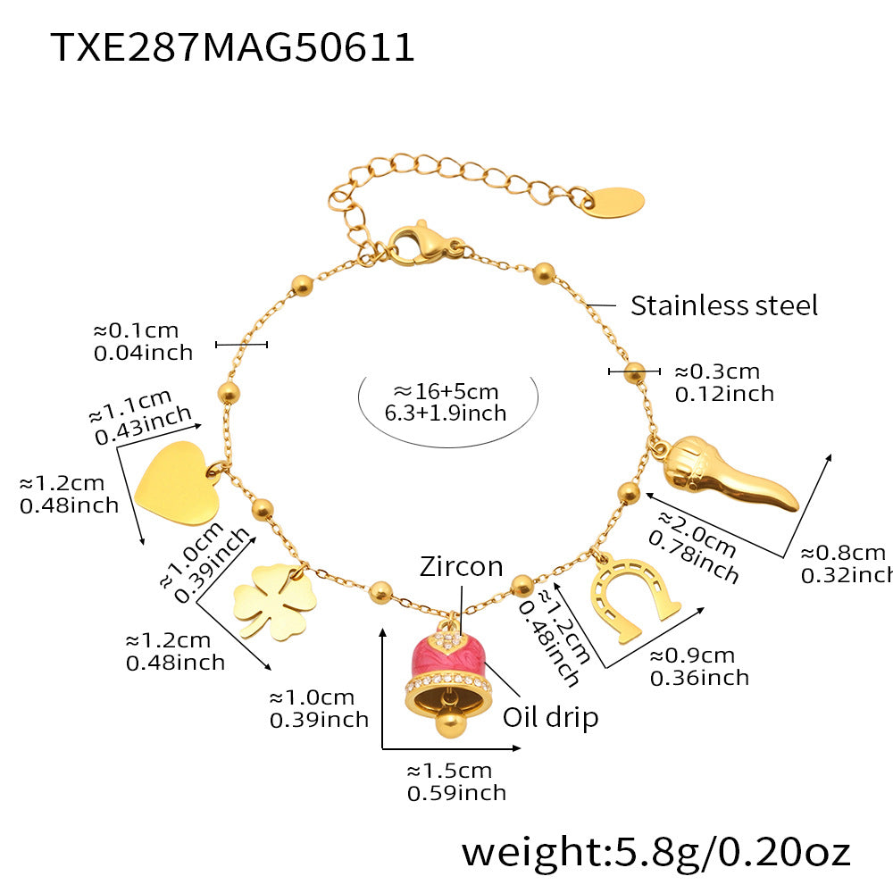 B廠【TXP287】法式浪漫彩釉小鈴鐺愛心幸運草多配件吊墜項鍊手鍊腳鍊套裝 25.06-4