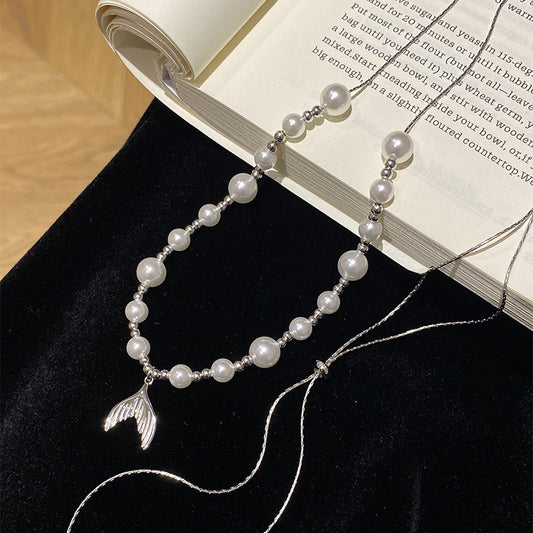 F廠【DQ1586N】法式復古仿珍珠項鍊女S925純銀高級感魚尾可調式毛衣鏈鎖骨鏈
 25.09-3