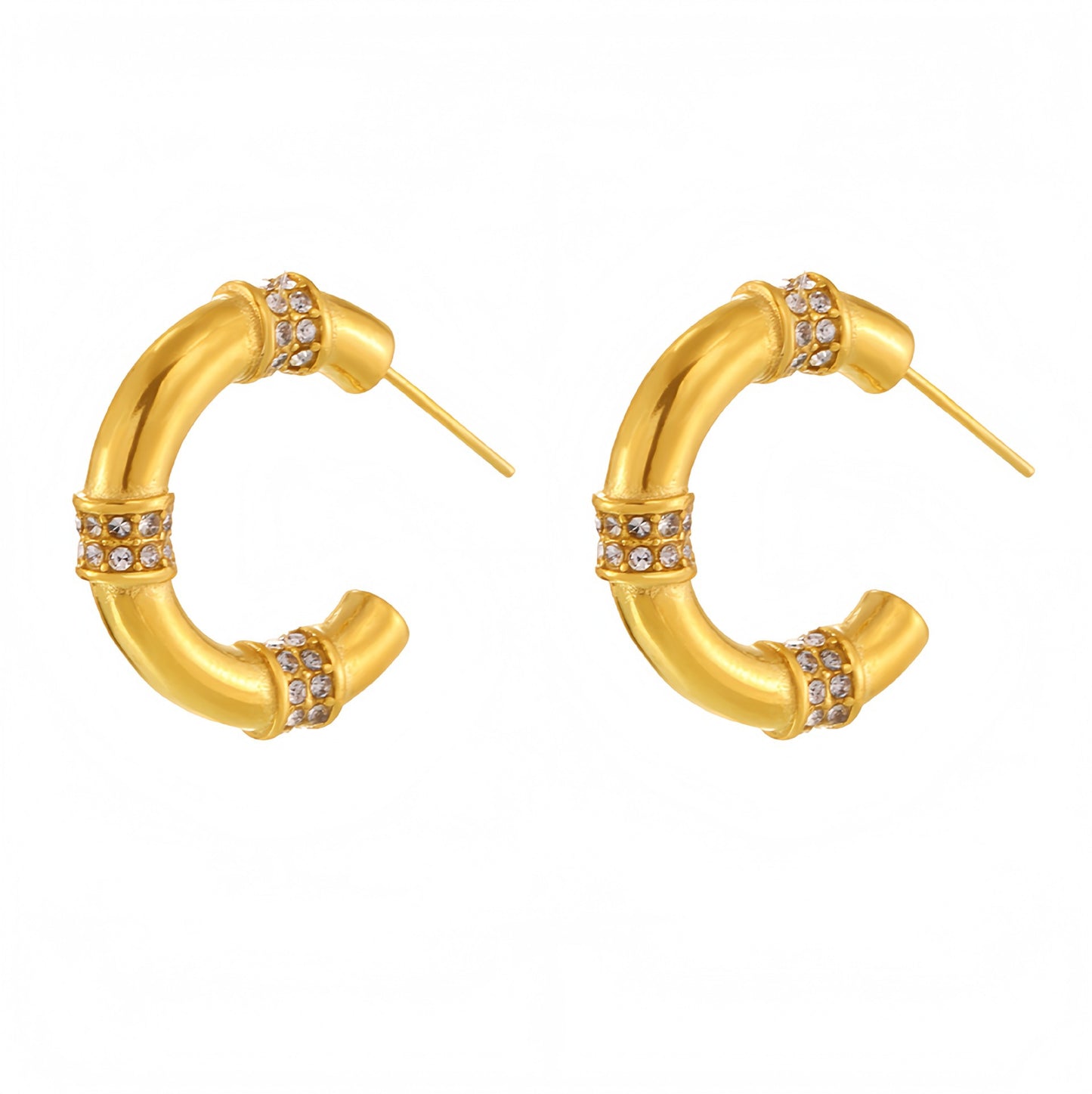 B廠【F1414】C形幾何鑲鑽耳環不鏽鋼PVD鍍18K真金女式氣質通勤耳環耳環 25.03-1