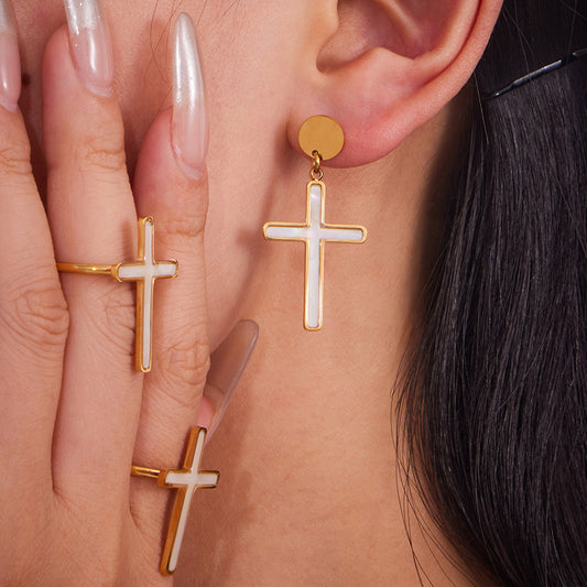 B廠【TXA365】天然貝殼十字架開口戒指耳環吊墜首飾套裝不銹鋼鍍18k真金
 25.08-5