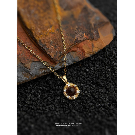 C廠【6604】厚鍍18K真金強保色微鑲鋯石時尚文藝復古天然石虎眼石項鍊 鎖骨鏈
 25.08-5