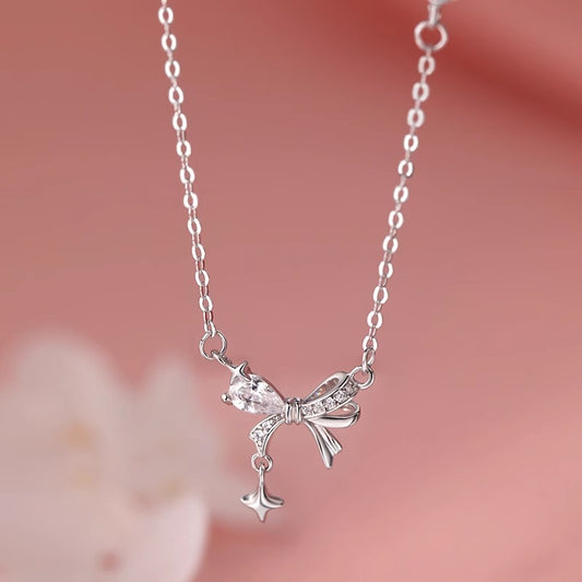 F廠【DQ0636N】森系小清新S999足銀蝴蝶結項鍊女韓風甜美小眾設計鎖骨鏈首飾 25.05-1