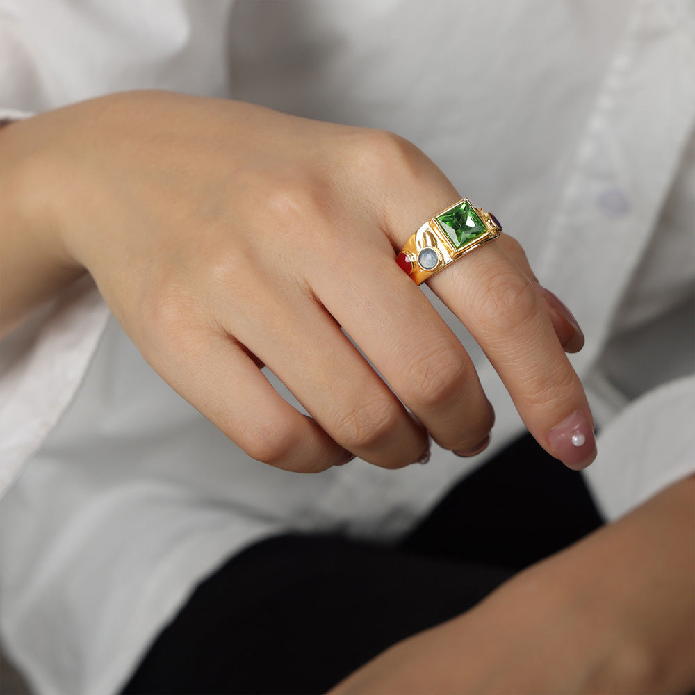 B廠【A648】歐美時尚輕奢銅材質對戒復古金色方形鑲鋯石天然石開口戒指飾品女 24.01-1