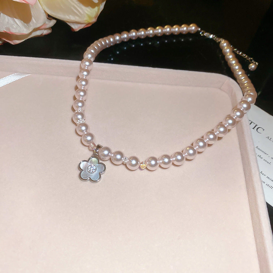 A廠【HN8926】鋯石曼塔玫瑰珍珠花朵吊墜項鍊ins優雅時尚鎖骨鏈輕奢高級感項鍊 25.05-5
