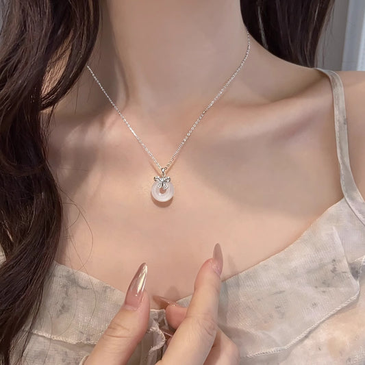 F廠【DQ1998N】足銀999新中式蝴蝶結平安扣項鍊女ins高級感白玉髓純銀鎖骨鏈 25.06-4