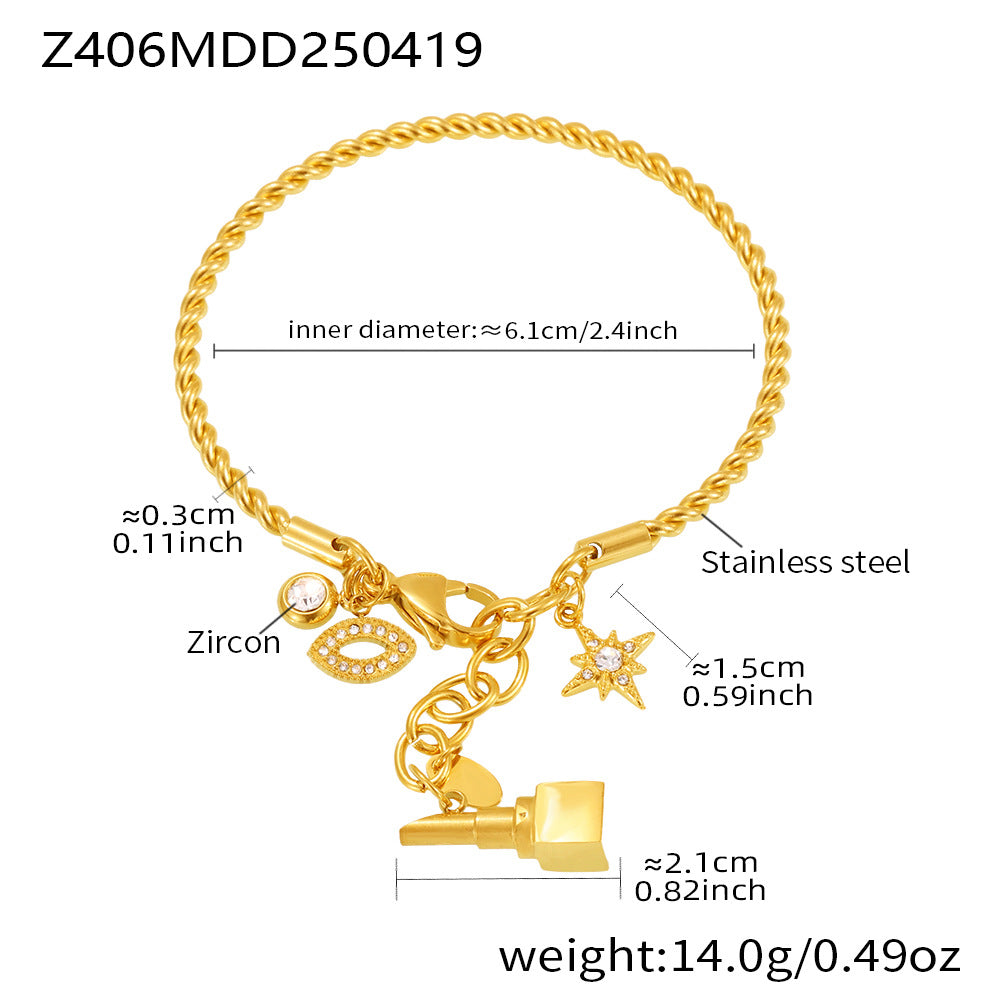 B廠【Z406】歐美不鏽鋼雙織麻花線龍蝦扣手鐲女帶鑽星芒DIY多配件手鐲 25.04-4