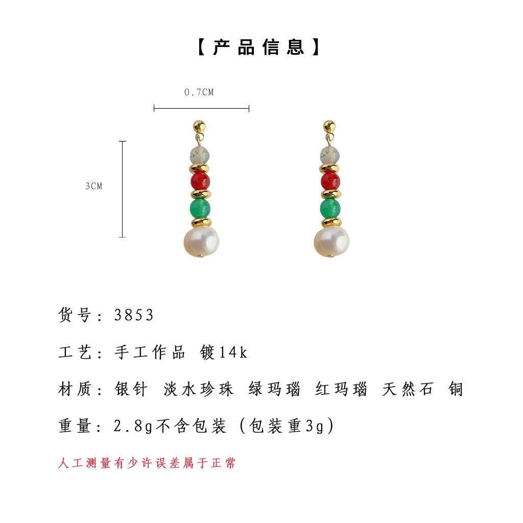 C廠【3853】淡水珍珠新中式天然石手工原創設計感復古宮廷氣質簡約耳環女耳環 24.05-4