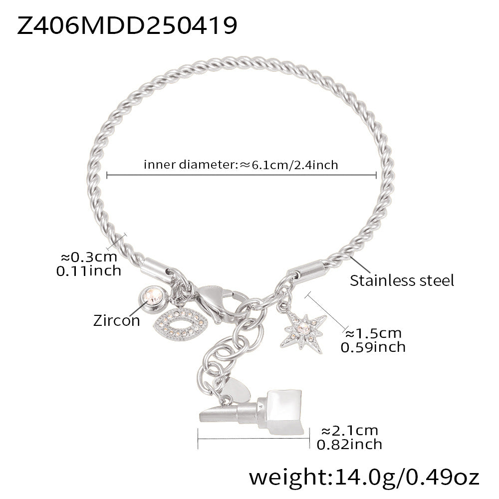 B廠【Z406】歐美不鏽鋼雙織麻花線龍蝦扣手鐲女帶鑽星芒DIY多配件手鐲 25.04-4