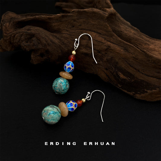 C廠【5860】文藝復古民族風天然石湖北松石琺瑯滴釉手工藝品設計景區耳環耳環 25.04-4