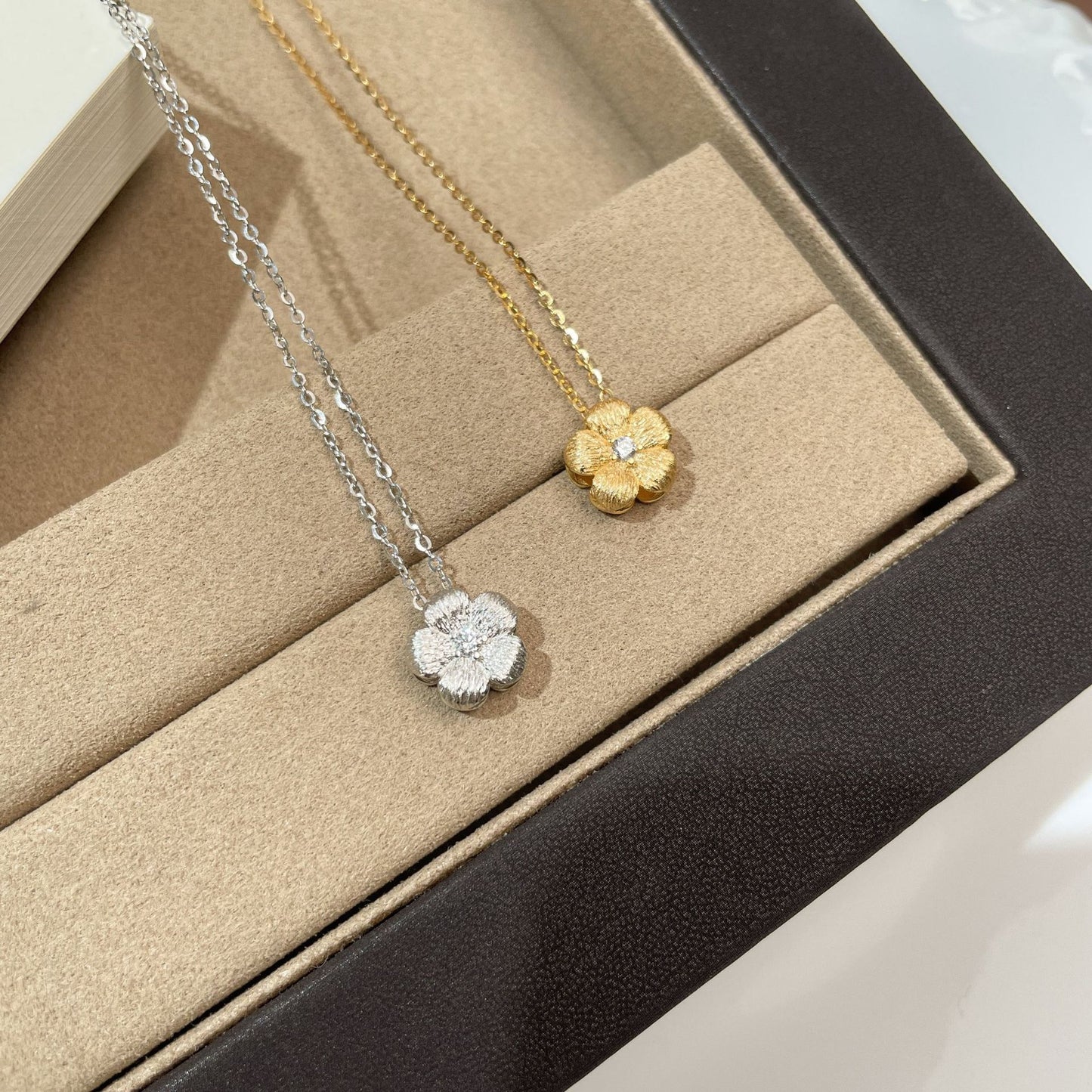 F廠【DQ0208N】中古風925純銀山茶花項鍊女拉絲工藝鎖骨鏈輕奢高級感首飾品 25.08-2