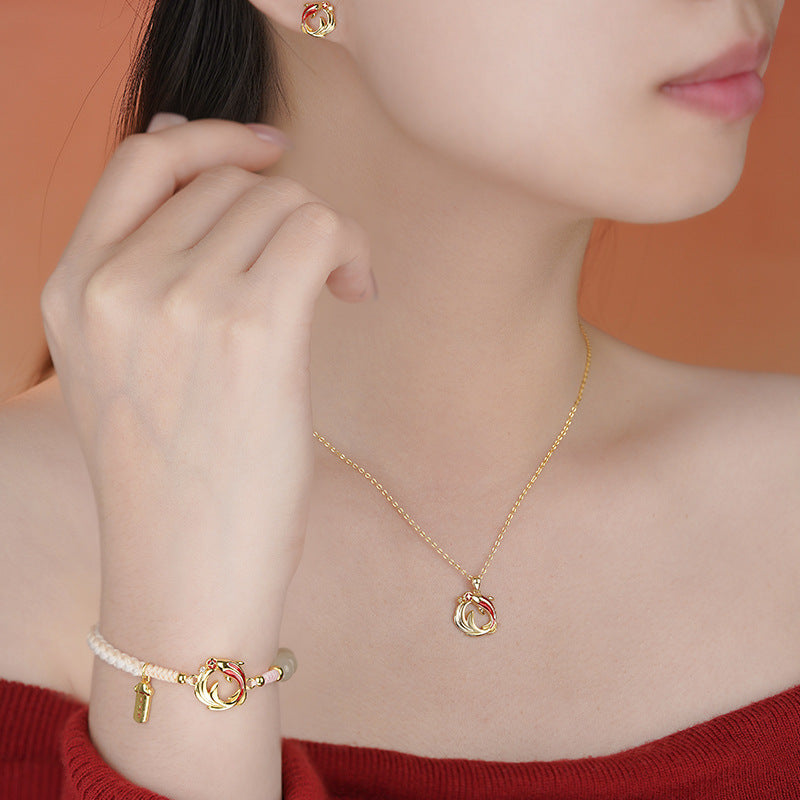 E廠【YC3241N】原創S999足銀年年有魚雙錦鯉耳環新年和田玉手鍊鎖骨鏈
 25.10-4