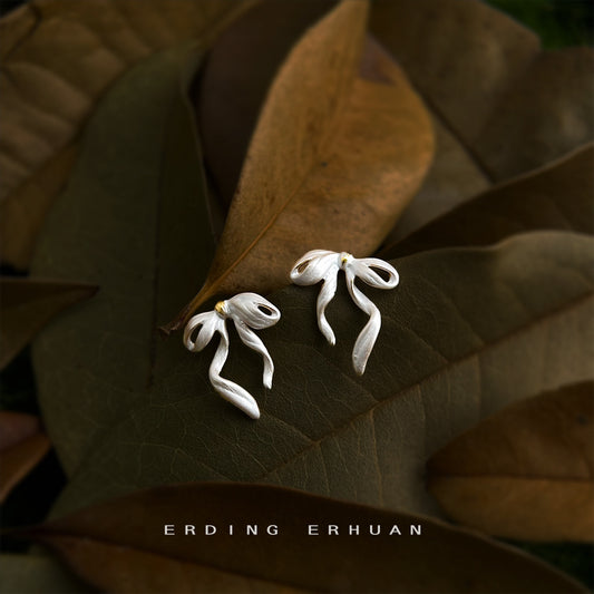 C廠【6328】清新甜美蝴蝶結925銀針薄塗工藝白色簡約通勤百搭耳環耳環女 25.06-4