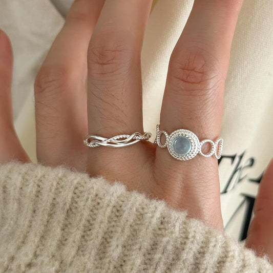 F廠【DQ8343R】S925純銀ins甜美海藍寶戒指女小眾設計日韓鏤空圓環氣質指環
 25.10-2