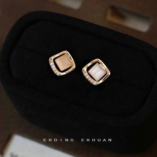 C廠【6254】微鑲鋯石925銀針幾何玻璃貓眼石造型鏤空小耳環 時尚通勤簡約飾 25.06-3