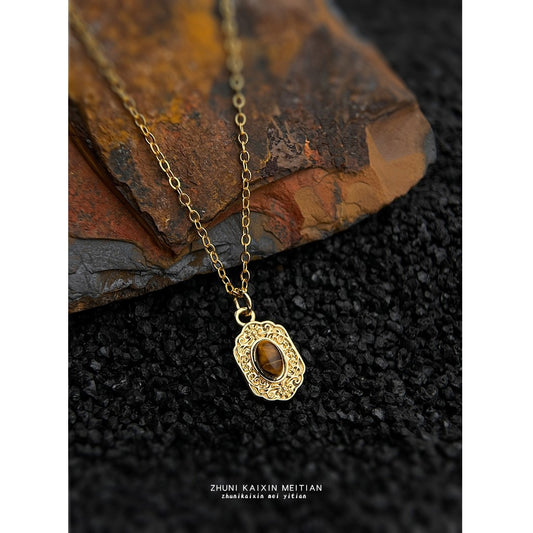 C廠【6628】厚鍍18K真金保色秋冬款鎖骨鏈 天然石虎眼石紋樣中古風項鍊女
 25.09-1