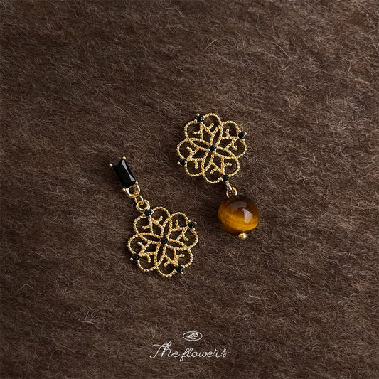 C廠【6952】高級感虎眼石微鑲鋯石925銀針不對稱設計時尚紋理幾何耳飾 耳環女
 25.10-4