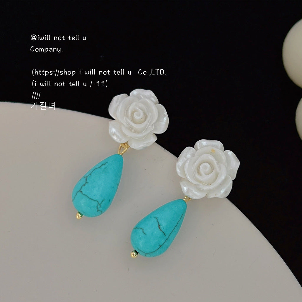 C廠【503】文藝復古水滴形合成綠松石流蘇耳環民族風玫瑰花耳環耳飾品度假風 25.05-4