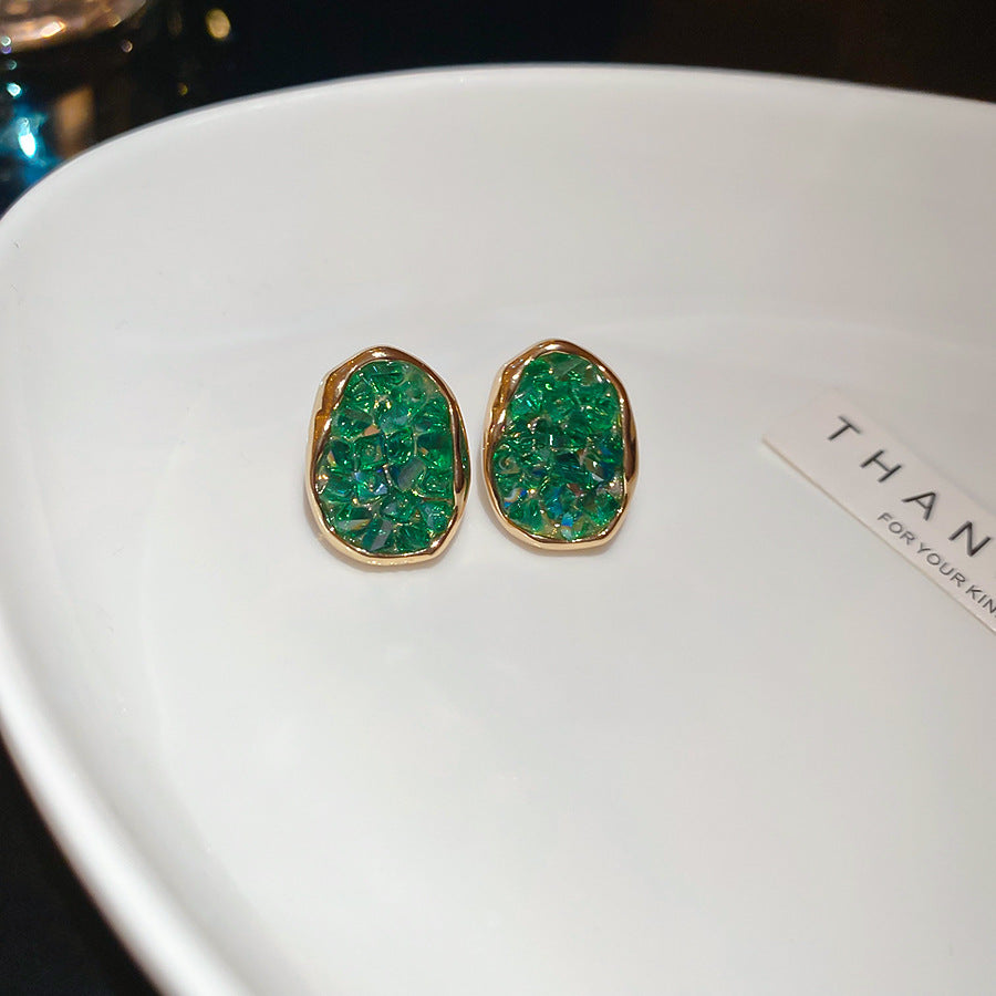 A廠【HE25949】925銀針祖母綠橢圓形水晶耳環女復古甜美精緻耳環輕奢高級感耳飾 25.04-3
