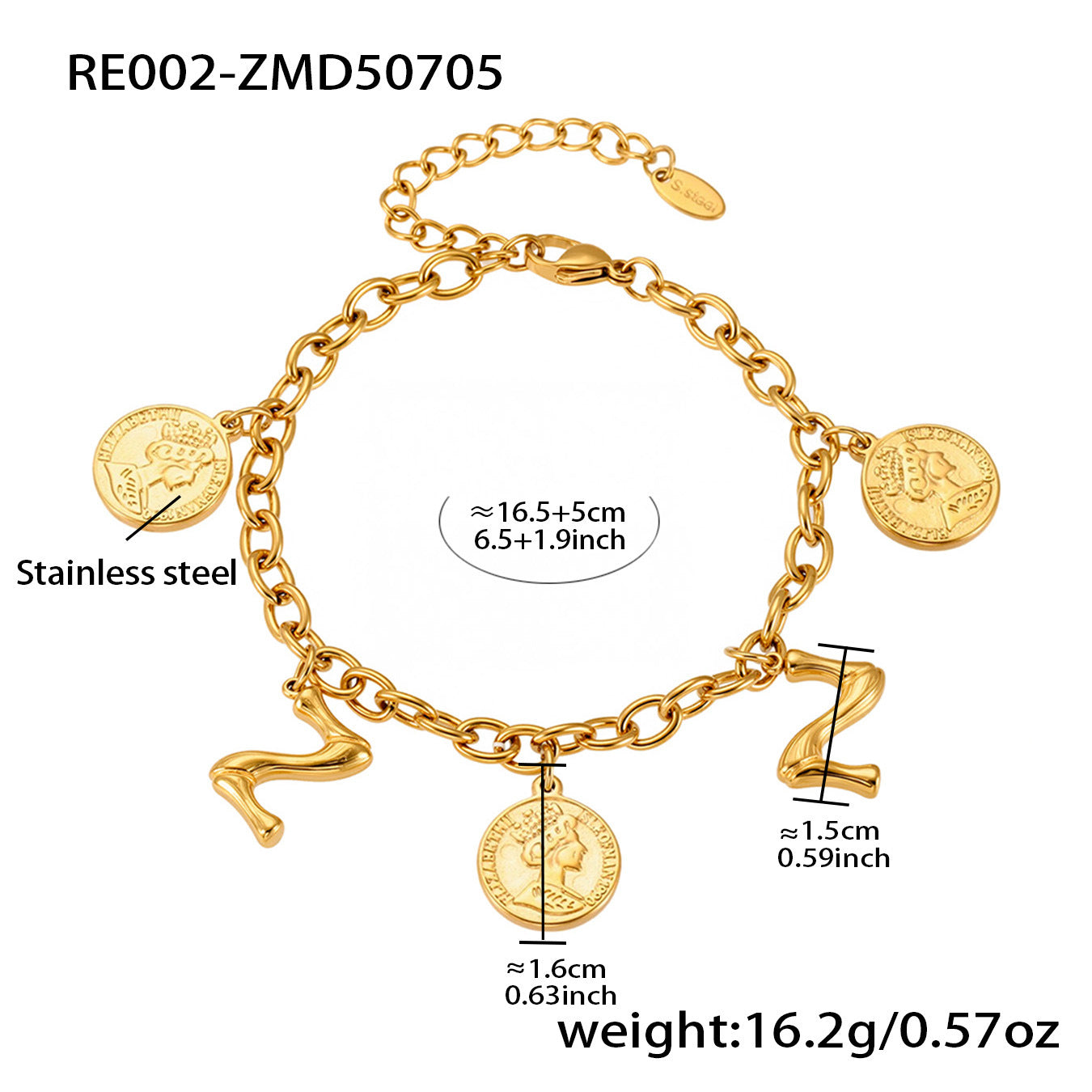 B廠【RE002】歐美飾品不鏽鋼26個字母伊莉莎白女王圖像手鍊鍍18k金色保色 25.07-3