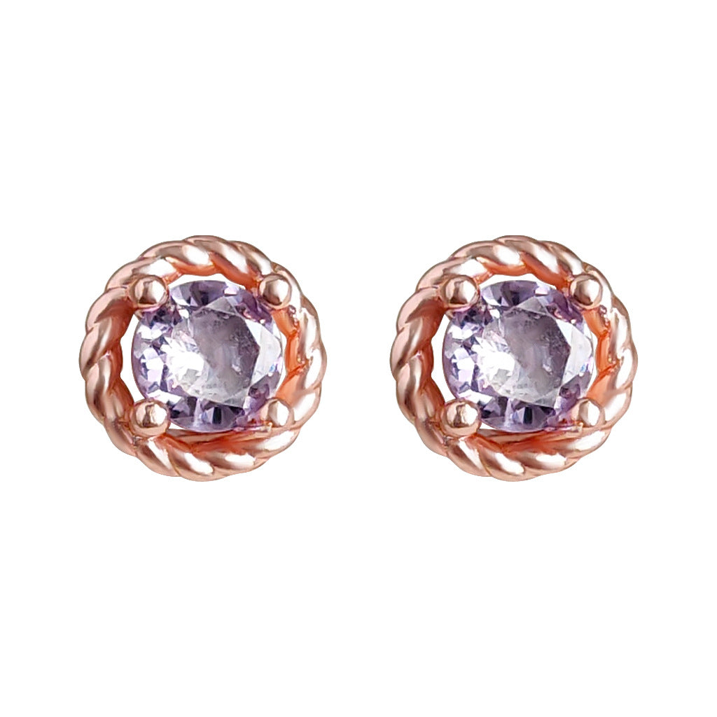 C廠【3342】小巧迷你微鑲紫鋯石耳環圓形幾何鍍玫瑰金銀針耳環氣質極簡耳飾品 25.06-1