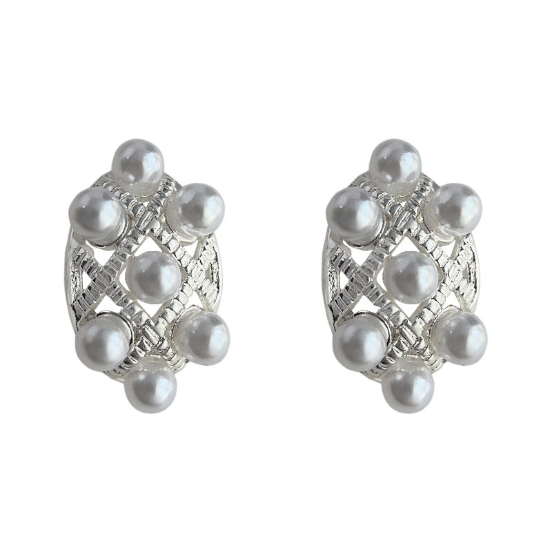 C廠【3998】文藝復古民族風幾何鏤空鑲嵌珍珠個性銀針耳環氣質耳飾 24.05-2