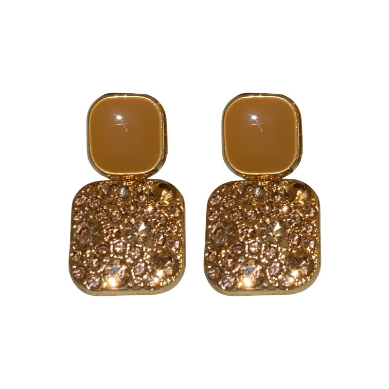 A廠【HE1066】925銀針方形幾何香檳色耳環韓國輕奢高級感氣質耳環小眾簡約滿鑽耳環 24.10-2