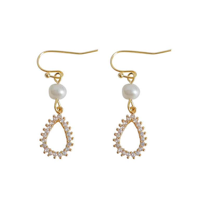 C廠【2116】宮廷風微鑲鋯石淡水珍珠水滴形手工耳環法式復古高級感幾何耳飾女 24.01-1